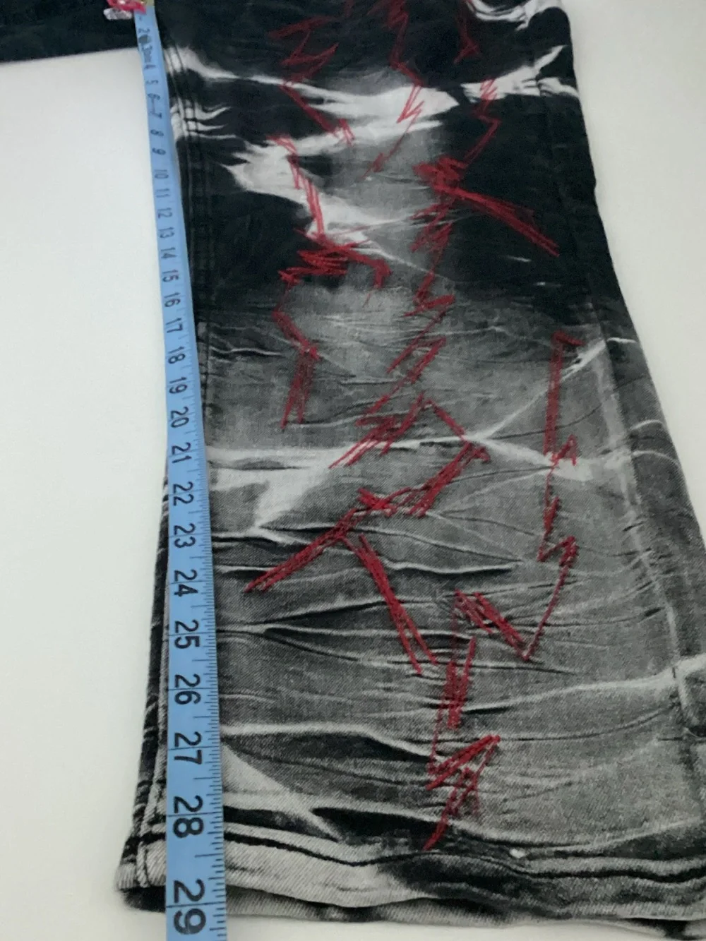 Black Bleached Jeans with Red Zigzag Stitching – Custom Distressed Design 40